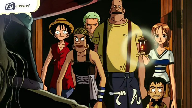 Scene from One Piece Movie 1 as Drago's crew pressures Tobio about Woonan’s hidden treasure.