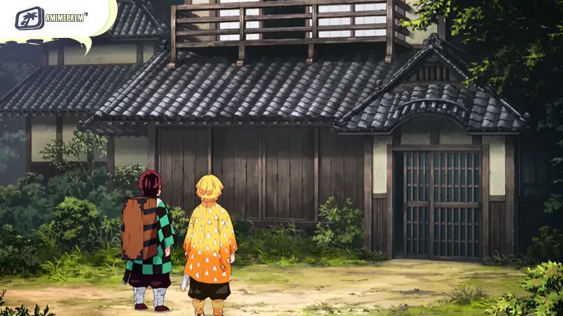 Tanjiro, Zenitsu, and Inosuke face the Drum Demon Kyogai in the eerie Tsuzumi Mansion.