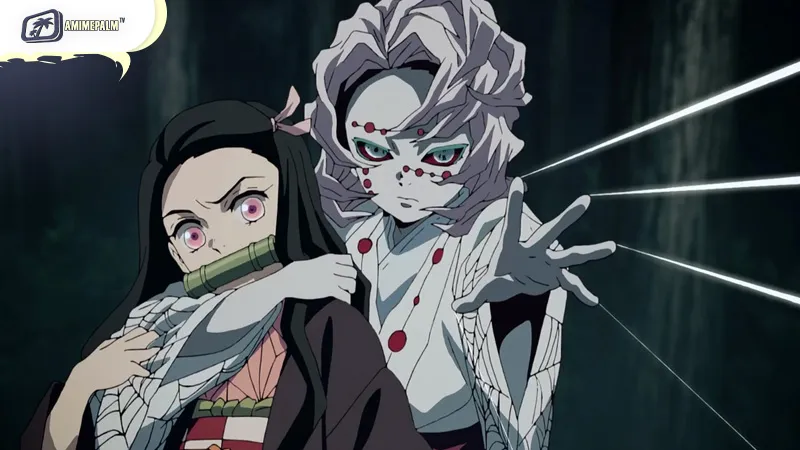 Tanjiro faces Rui on Mount Natagumo, unleashing Hinokami Kagura in a fiery, iconic battle.