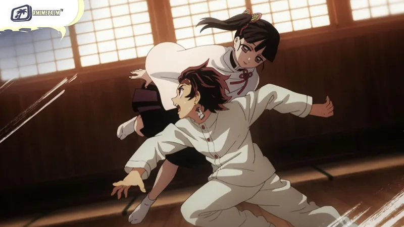 Tanjiro team heals and trains at Butterfly Mansion under Shinobu and Kanao guidance.