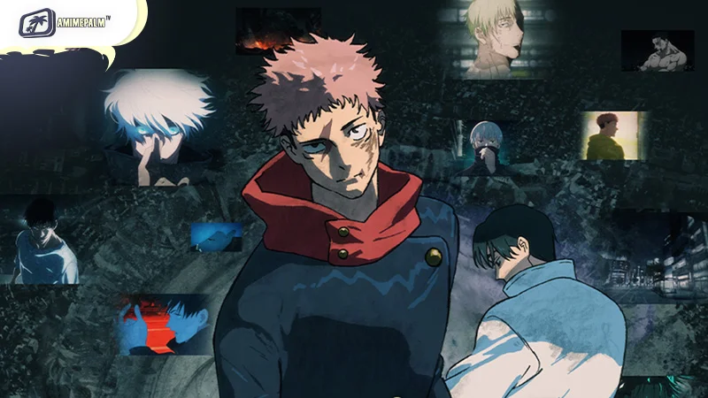 Visual from Jujutsu Kaisen - modern action fantasy anime with curses, martial arts, and dark energy fights.