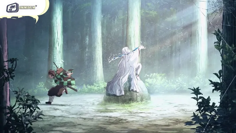 Tanjiro unleashes Sun Breathing against the Spider Demons as Hashira Giyu and Shinobu appear.