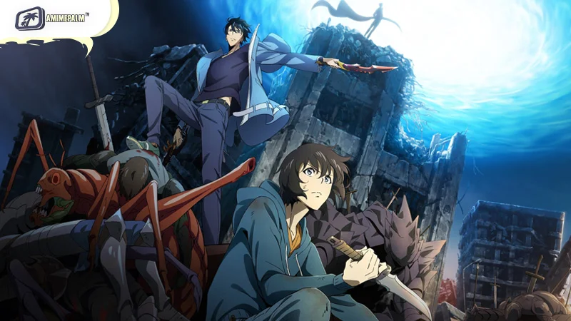 Solo Leveling anime visual - urban fantasy with Sung Jinwoo, dungeon raids, shadows, and RPG-style growth.