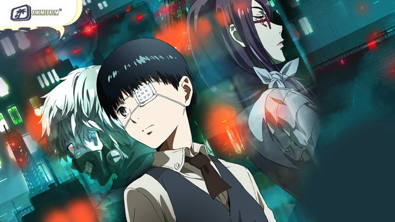 Tokyo Ghoul anime visual - dark urban fantasy with Kaneki, ghouls, Kagune, and tragic identity battles.