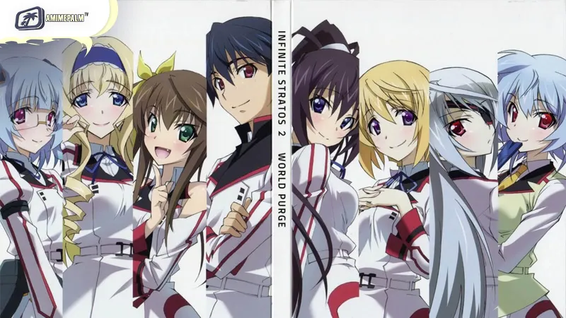 Ichika Orimura and the female pilots in the mecha action harem anime Infinite Stratos