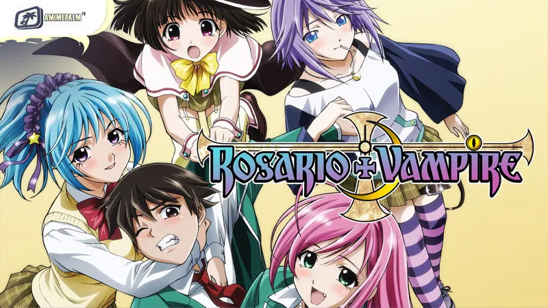 Tsukune Aono and Moka Akashiya in the supernatural action harem anime Rosario + Vampire