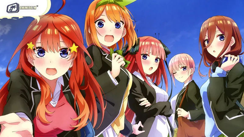 Fuutarou Uesugi and the Nakano sisters in the popular harem anime The Quintessential Quintuplets