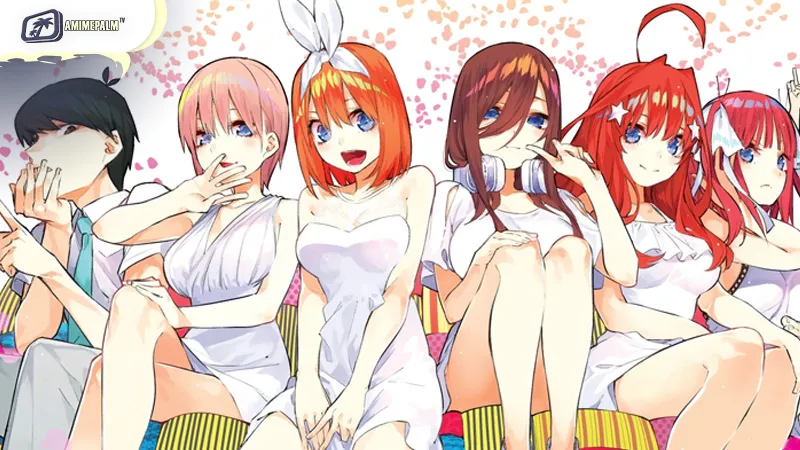 Futaro Uesugi and the Nakano sisters in the romance harem anime The Quintessential Quintuplets