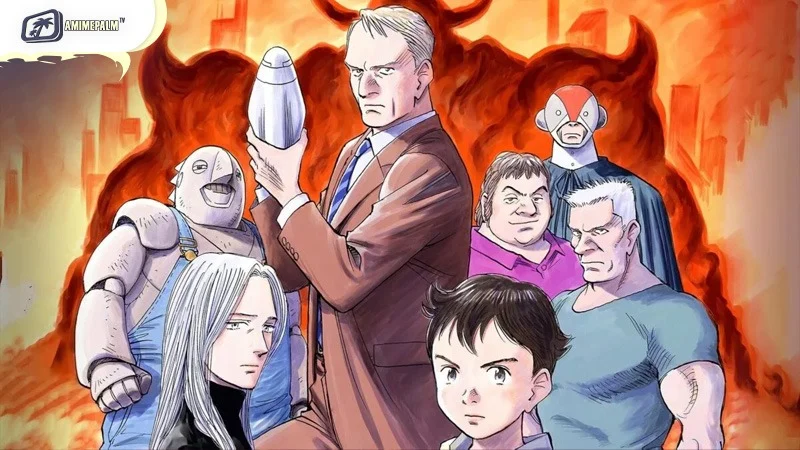 Detective Gesicht investigating a crime scene in the mature robot-human society of Pluto.