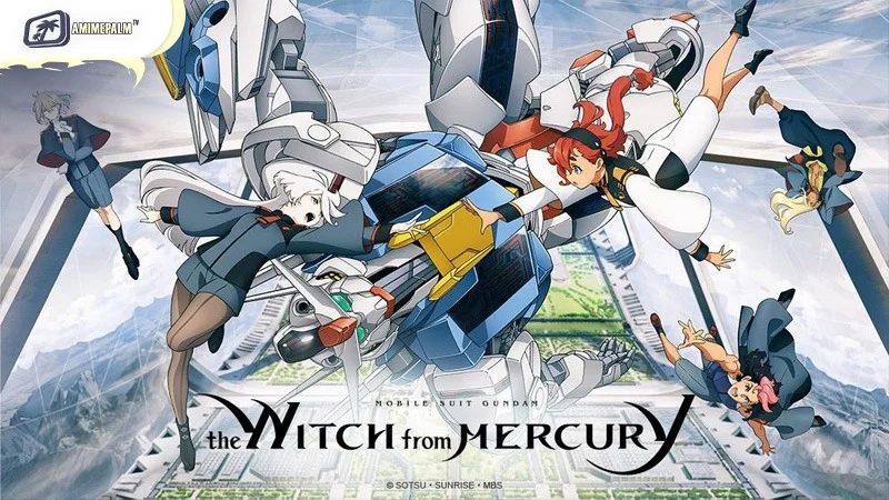 Suletta Mercury and the Gundam Aerial in the futuristic school setting of The Witch from Mercury.