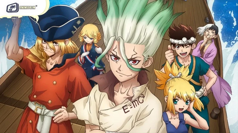 Senku Ishigami using scientific inventions to rebuild civilization in Dr. Stone.