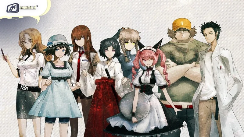 Okabe Rintarou and the Lab Members from Steins;Gate in a time travel sci-fi setting.