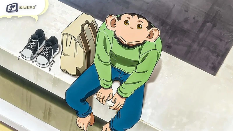 Charlie, the humanzee from The Darwin Incident, sits calmly on a ledge with his sneakers and backpack nearby.